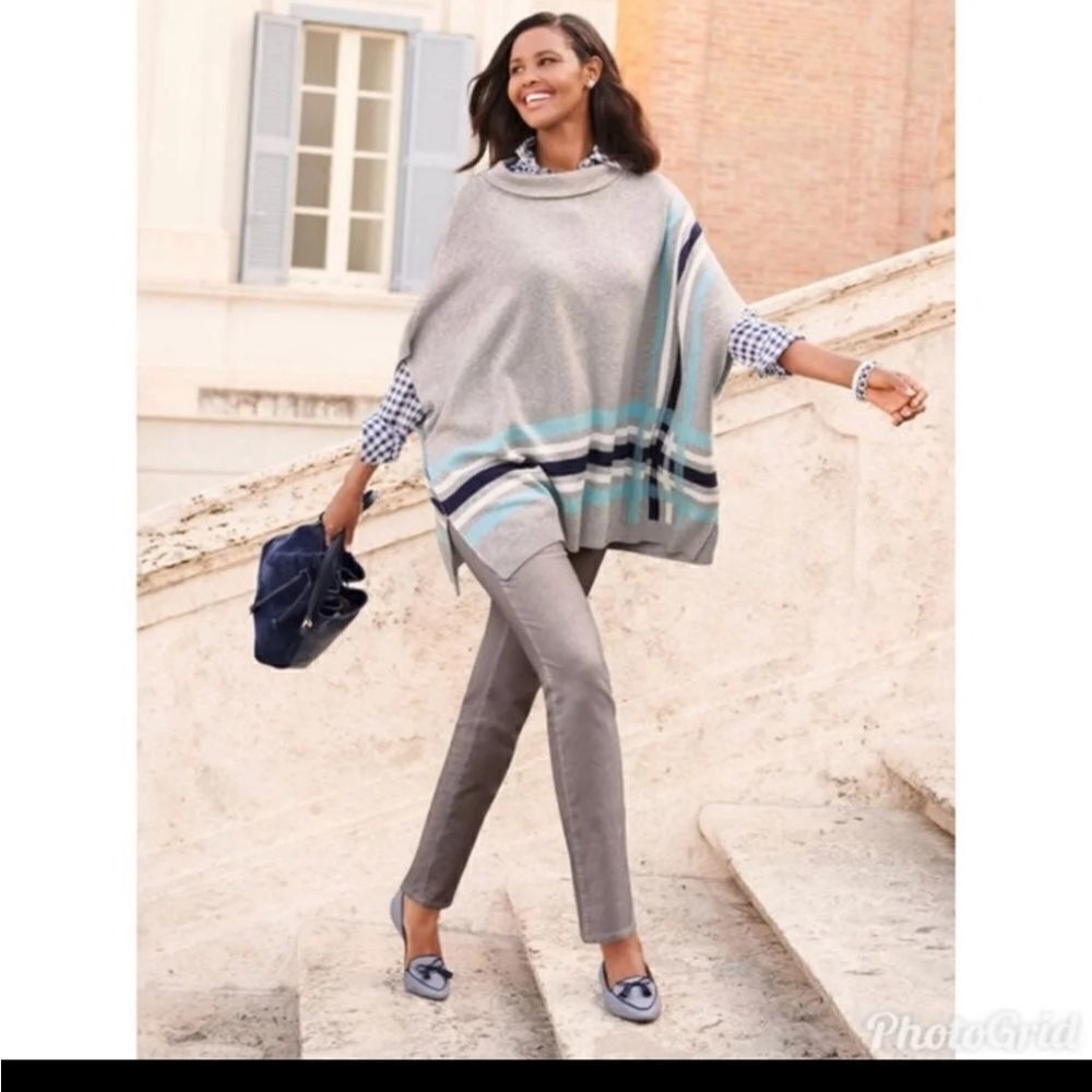 Talbots Sabrina Knit Poncho Shrug Grey Stripe Colorblock S/M
